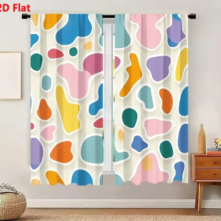 2Pcs Curtains 2D Flat Irregular Organic Shaped Blobs Pastel & Bright Colors Blue Pink Yellow Orange Green Purple With White Outl