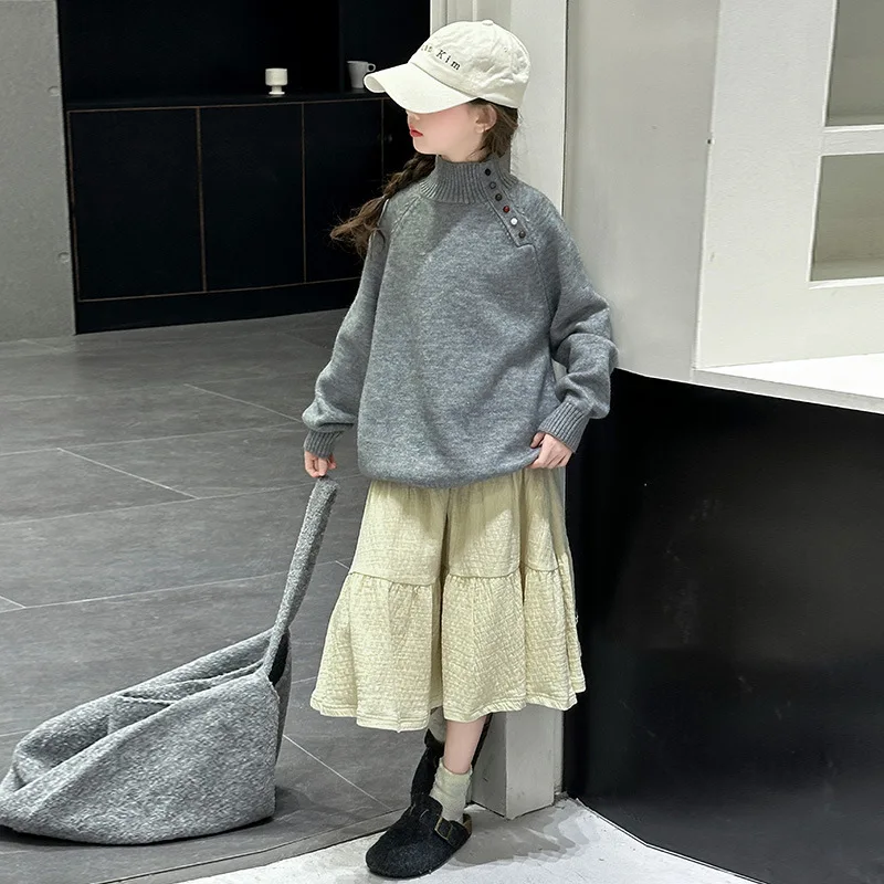 Sweater Colorful Buttons Grils Children New Fashionable Korean Loose Casual Soft Comfortable Long Sleeves Solid Dress
