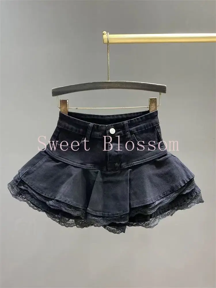 Korean Sweet Lace Patchwork Denim Skirts Women New Fashion Y2k High Waist Fluffy Skirts 2025 Summer Harajuku Slim Lovely Clothes