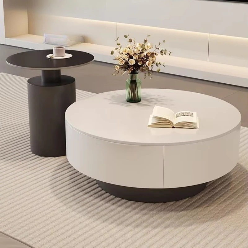 Burnt Stone Round Coffee Table Set Living Room Coffee Table with Drawers Storage Space