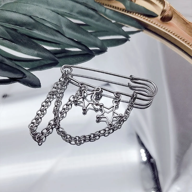 Harajuku Five-pointed Satr Series Brooch Street Fashion Lapel Pin Suit Accessories Simple Double Chains Badge Pin