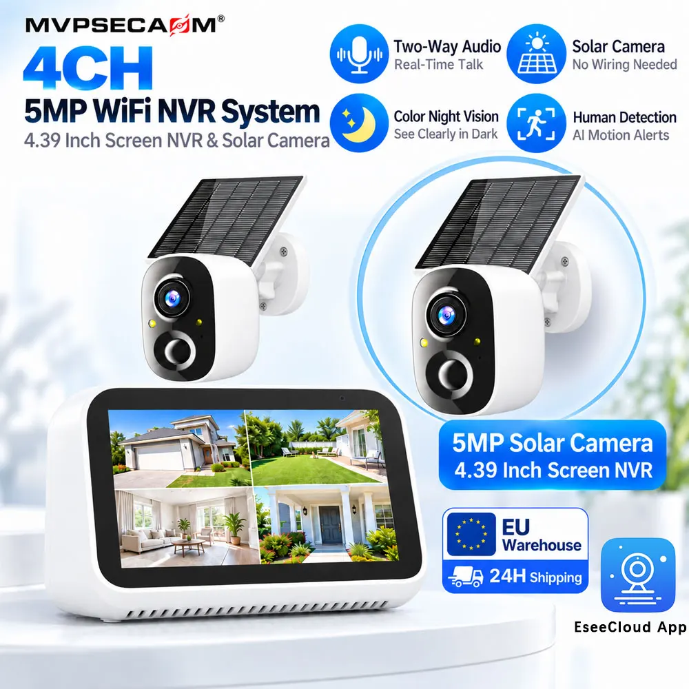 Outdoor 5MP Solar-Sicherheitskamera-Set 4CH WiFi CCTV-System mit 4,39-Zoll-Bildschirm NVR 2,4G kabellose Solar-Kameras Zwei-Wege-Audio PIR-Bewegungserkennung IP66 wetterfest EseeCloud Fernüberwachung