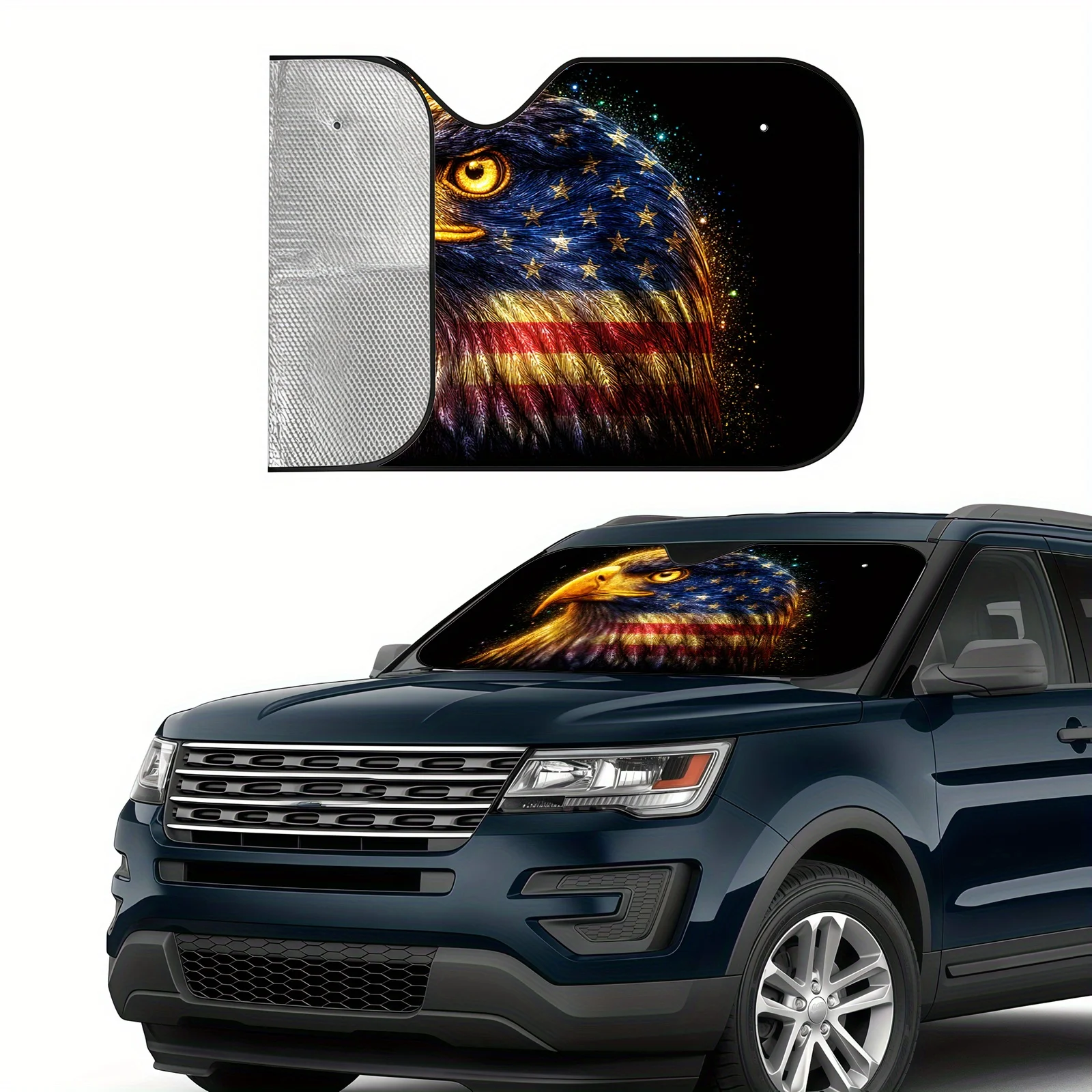 Starry Sky Eagle Car Windshield Sunshade, Featuring A Shining Eagle Head Design With National Flag Elements, Easy To Install And