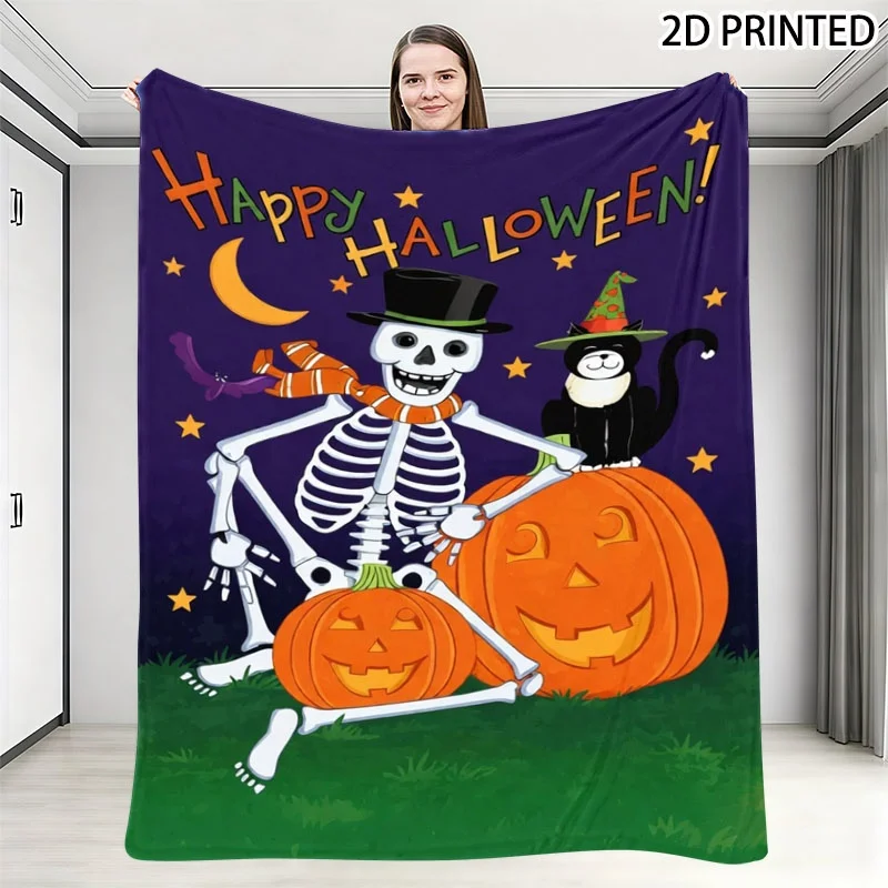 Halloween Print Throw Blanket, Cute Skeleton, Jack-O'-Lantern, Witch Hat Cat & Spooky Night Pattern, Multiple Specifications Ava
