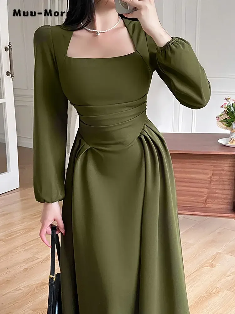 2024 Spring Vintage Long Sleeve Solid Color Midi Dresses Summer Women Elegant Classic Square Collar Office Lady Slim Fit Dress