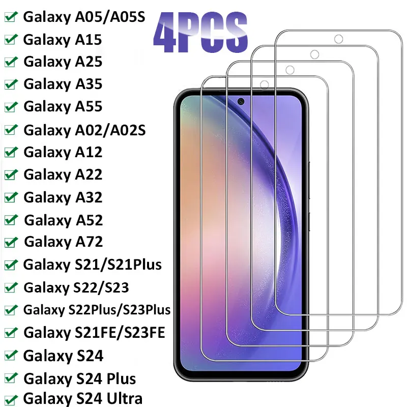 4PCS Tempered Glass for Samsung Galaxy A05S A15 A25 A35 A55 S21 S22 S23Plus S24 Ultra A02 A12 A32 A52 A72 Screen Protector Glass