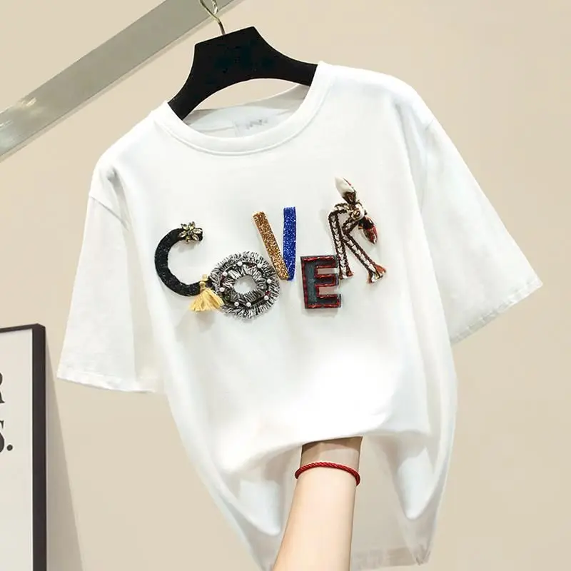 100% Cotton T-shirts Women Fashion Three-dimensional Letter Stud T Shirt Summer Trend Tshirt Personality Loose Short Sleeve Tops