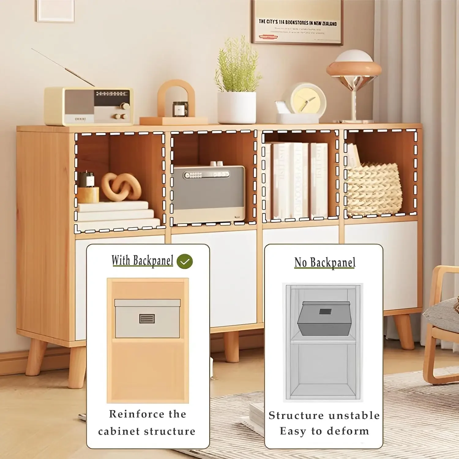 [شحن مجاني! ]خزانة كتب ذات أرفف مكعبات مع أبواب - رف كتب خشبي مفتوح قائم بـ 8 أرضية مع أرجل خشبية صلبة