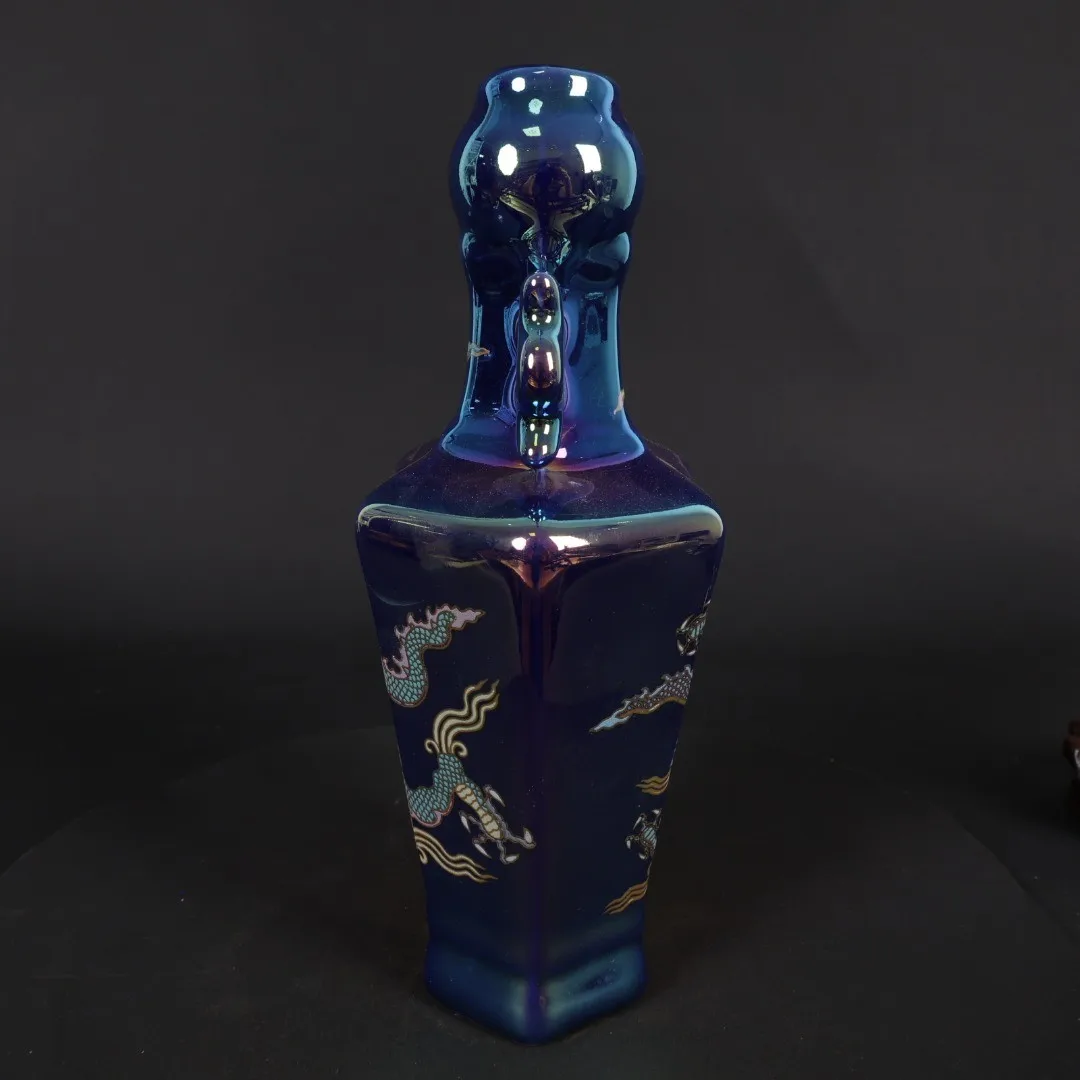 Ceramic Vase For Home Decor Decoration Office Chinese Jingdezhen Porcelain Blue Glazed Colorful Dragon Pattern Double Ear Vase