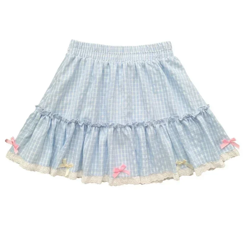 

Женская короткая юбка с бантом Y2k, синяя клетчатая мини-юбка в стиле кавайная Лолита, в стиле Харадзюку, в японском стиле преппи, плиссированная сказочная юбка, 2024