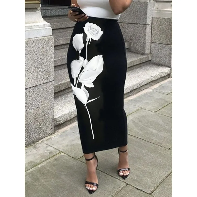 Spódnice midi z kwiatowym nadrukiem damskie 2025 nowe obcisłe spódnice kopertowe z wysokim stanem modne eleganckie spódnice koktajlowe na imprezę długa spódnica damska 179912