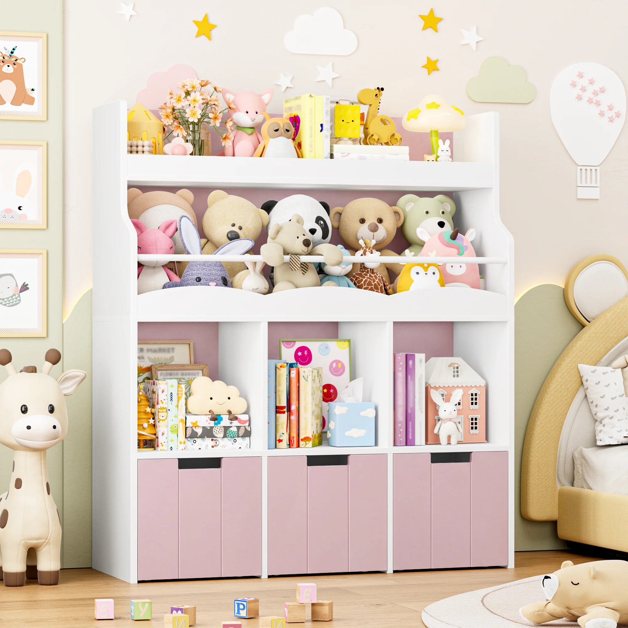 Kids' Bookshelf with Boxes on Wheels, Kids' Bookcase with 4 Storage Bins, Toy Shelf Kids' Room for Bedroom Kindergarten