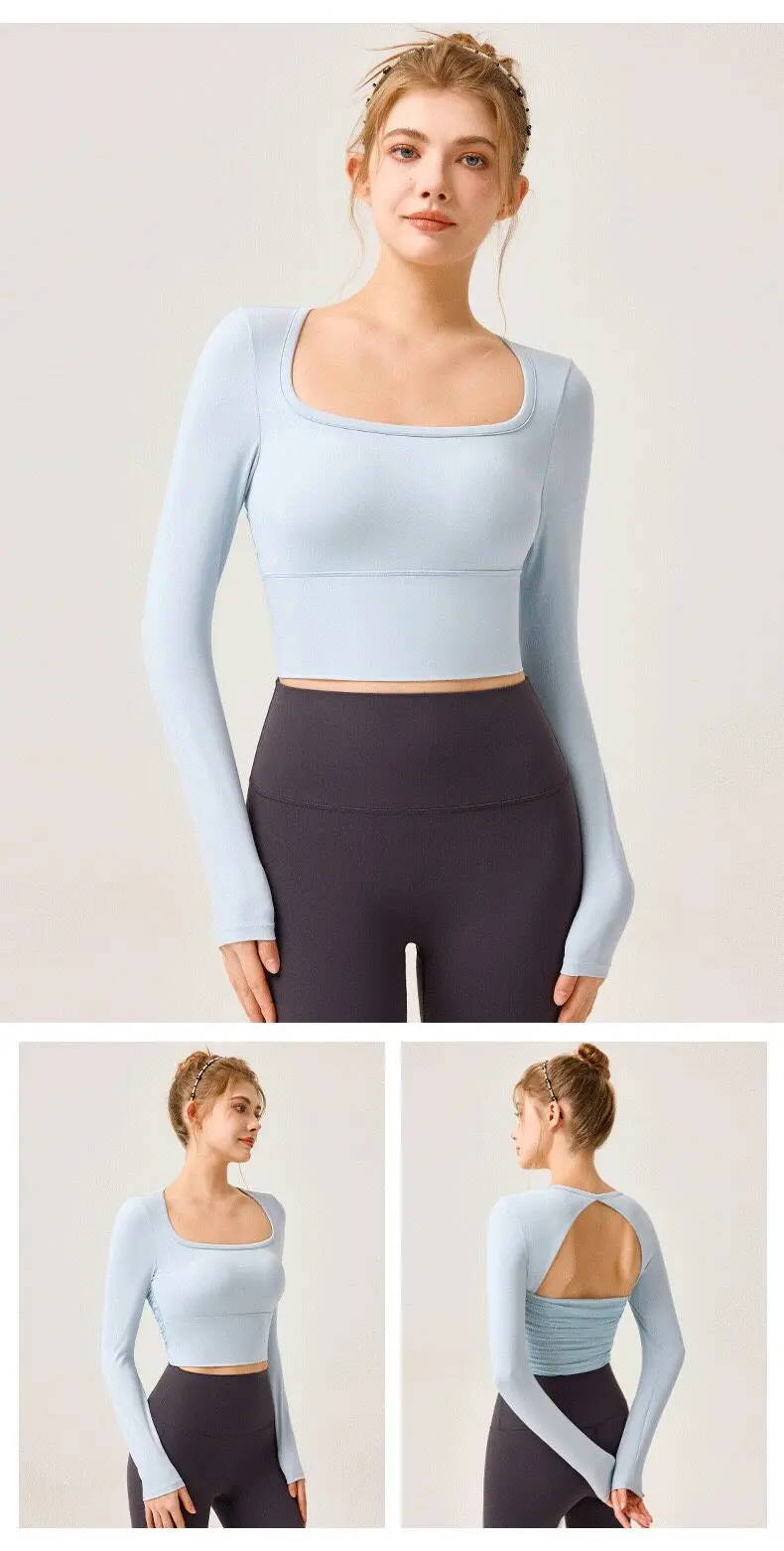 Schöne Yoga-Oberteile für Damen mit Brustpolstern, All-in-One-Lauf- und Trainingsbekleidung, Sportbekleidung mit langen Ärmeln, Fitnessbekleidung, Pilates – Detail 4