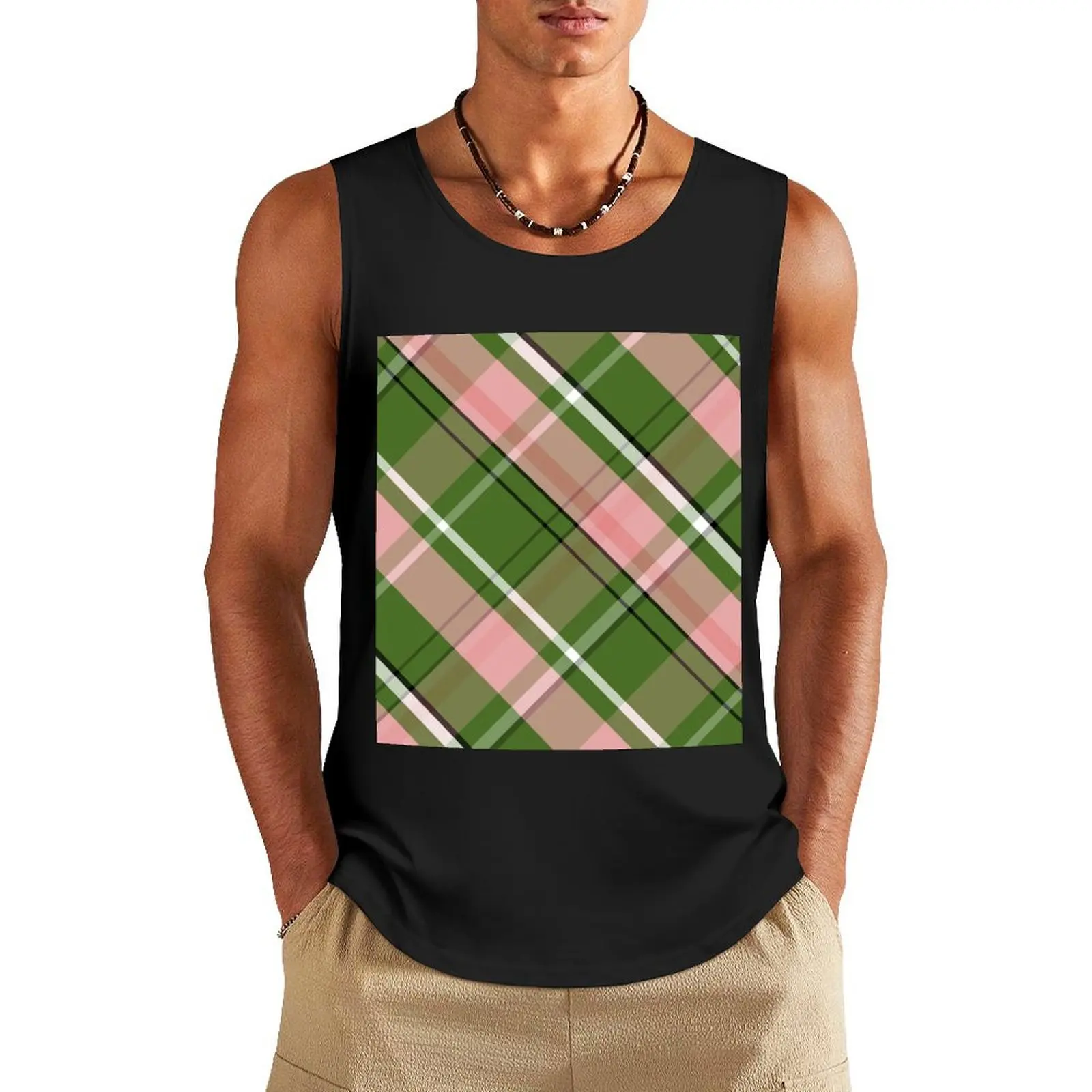 

Pink and Green Preppy Plaid Tank Top Men's sports t-shirt Men's cotton t-shirt Sports clothing