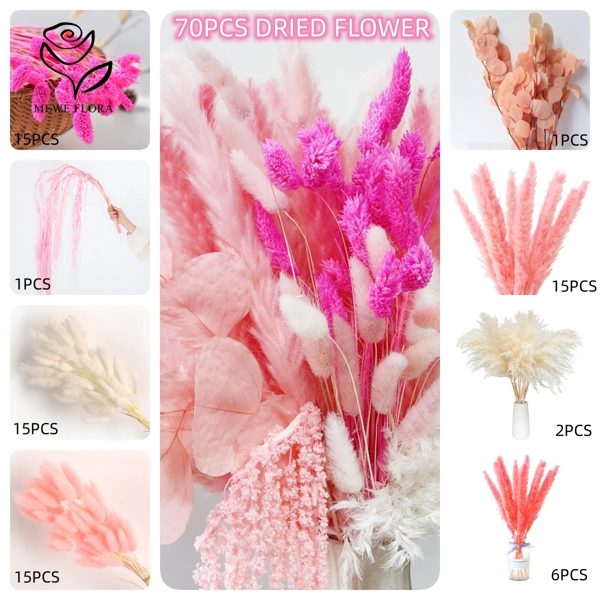 Natural Pampas Pink Dried Flowers Bunny Tails Gem Grass Bouquet Wedding Decor Eucalyptus Leaf Hanging Rice Home Vase Decoration