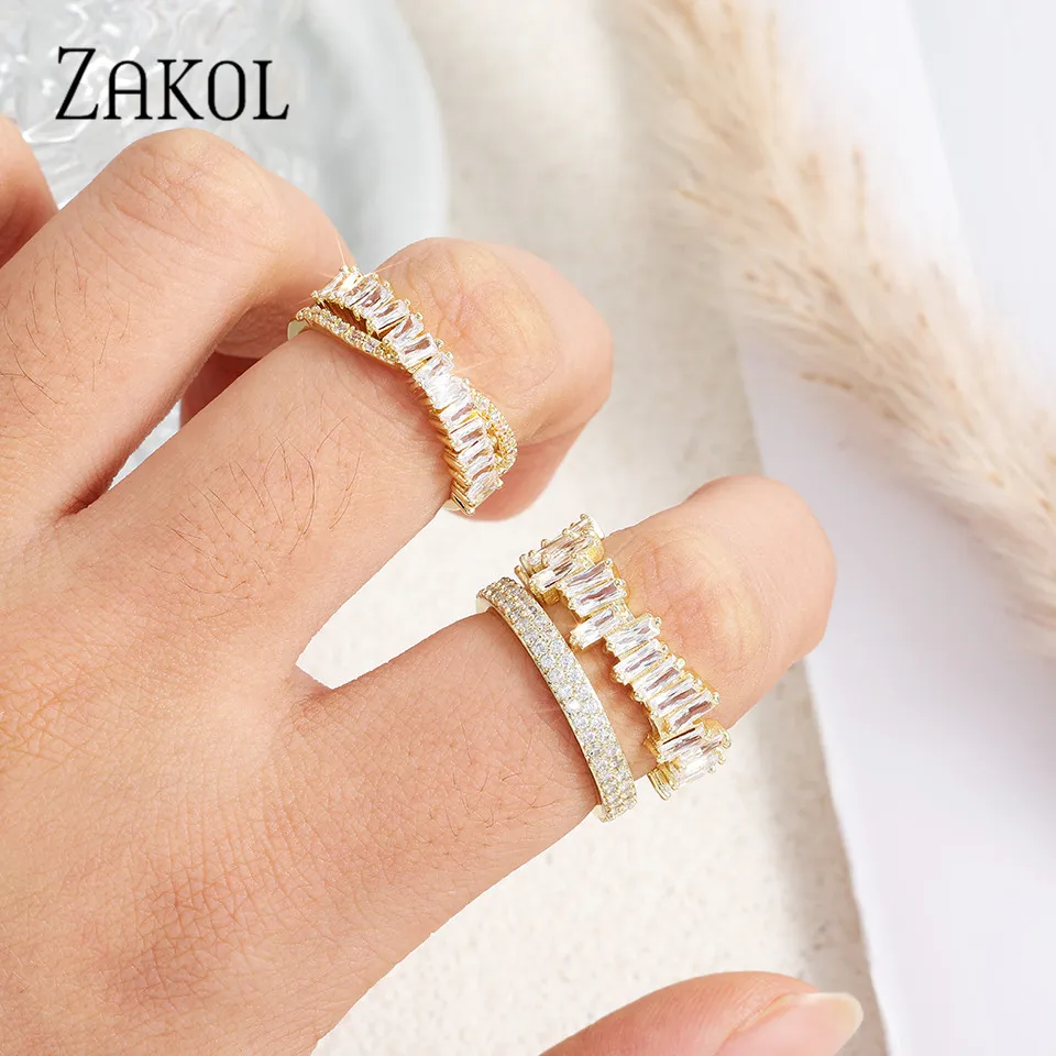 ZAKOL Trendy Stackable Open Rings Cubic Zircon Crystal Adjustable Ring for Women Elegant Wedding Party Jewelry RP2145