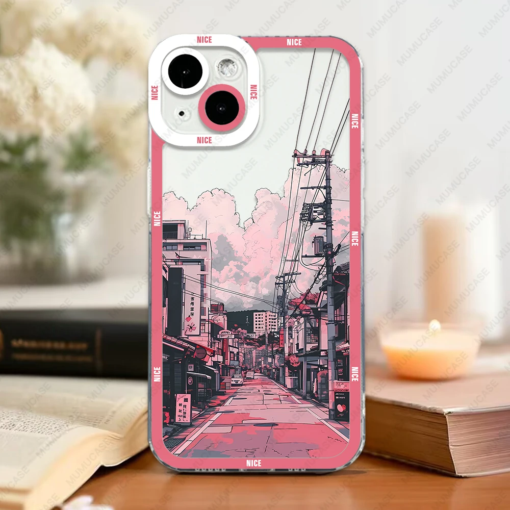 Case For iPhone 16 15 14 13 Pro Max 12 Mini 11 XS X XR SE 7 8 Plus Soft Cover Japanese Landscape Cherry Blossoms