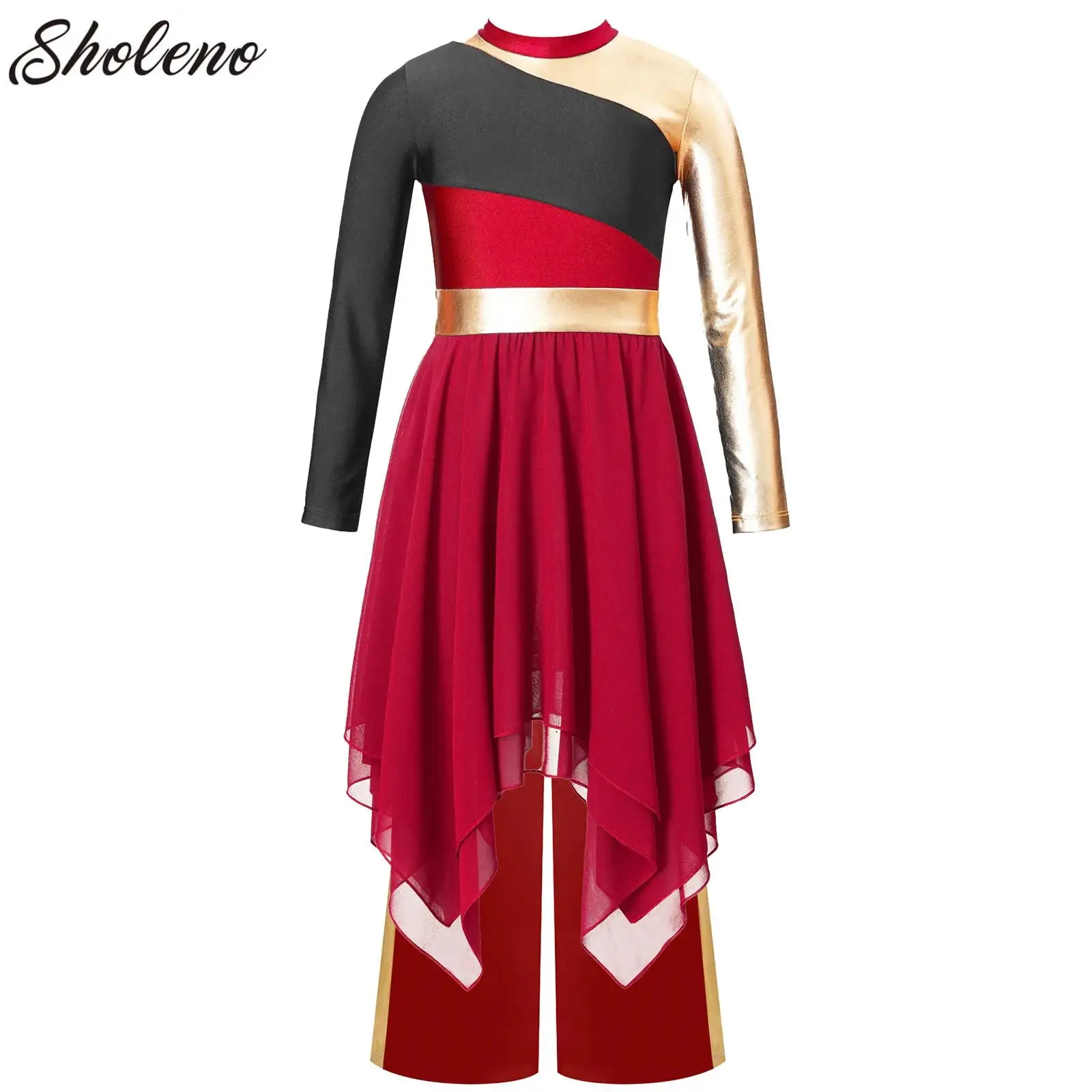

Kids Girl Lyrical Praise Dance Dress with Wide-Leg Pants Color Block Church Robe Dress Performance Liturgical Worship Costume