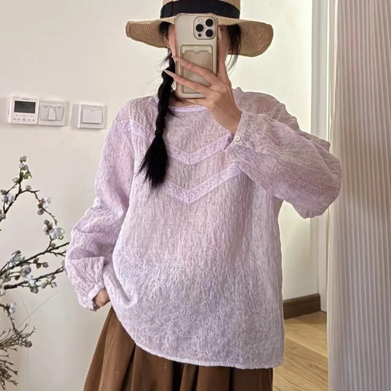 

Johnature Vintage Linen Refreshing Sheer Crinkled Yarns 2025 Spring Summer New Casual Patchwork Lace Women Loose Tops Shirts