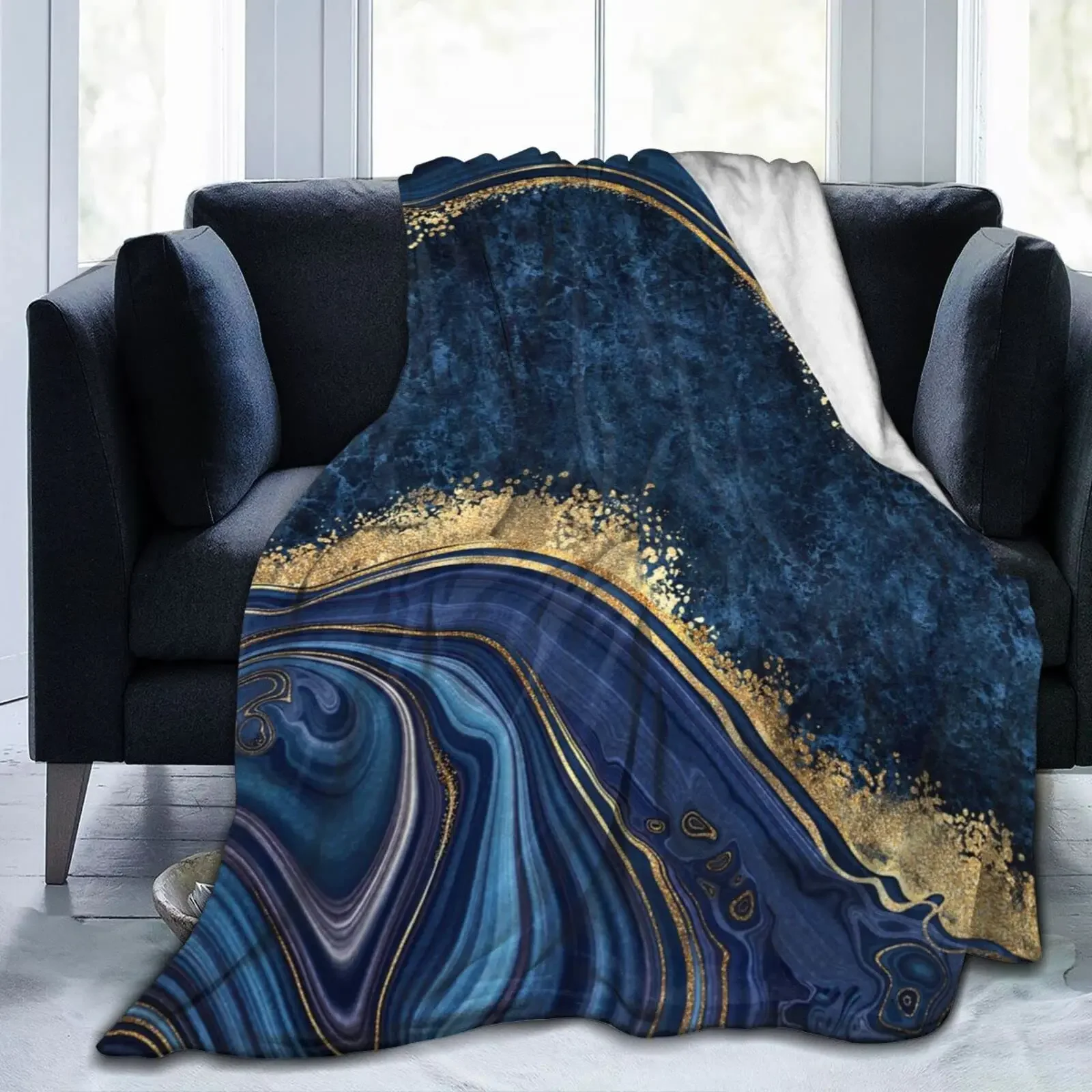 Blue Painted Marble Throw Blanket Ultra Soft Warm All Season Marbling Painting Decor Flannel Blankets for Chair Car Sofa Bedroom