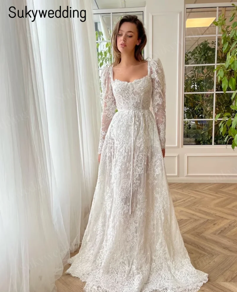 

Ethereal Lace Reverie Wedding Dresses with Floral Lace Illusion Long Sleeves Sweetheart Neck Cinched Waist Bridal Gowns Lace Up