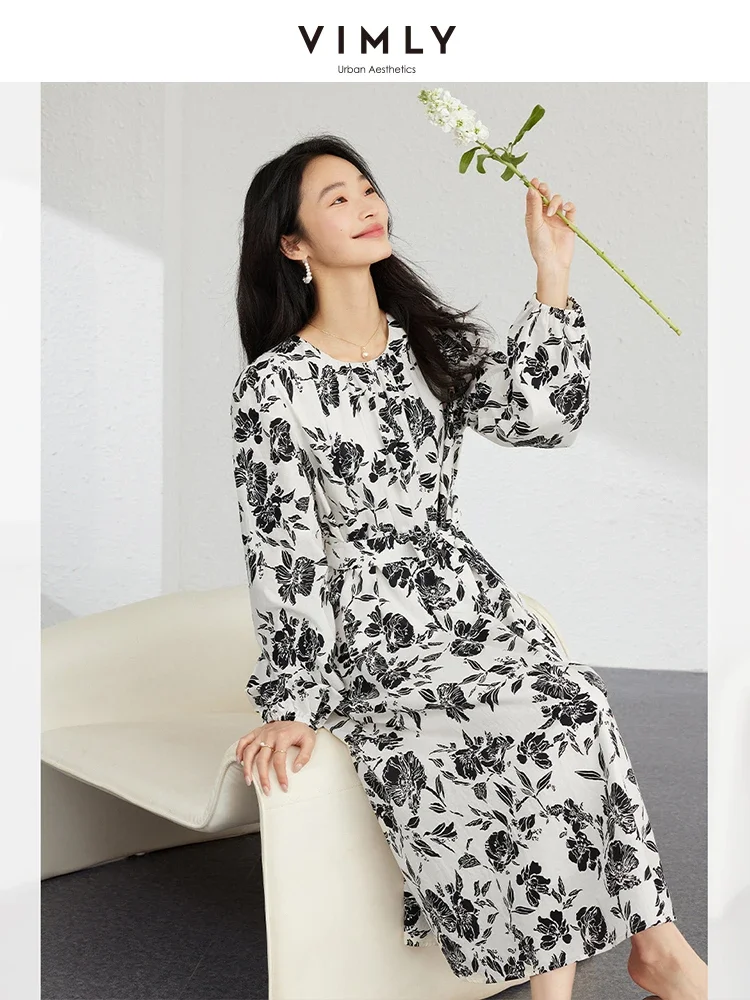 VIMLY Women\'s Elegant Tea Break French Style Dress Autumn New O-Neck Long-Sleeved Cotton Floral Dress Commuter Casual Dress