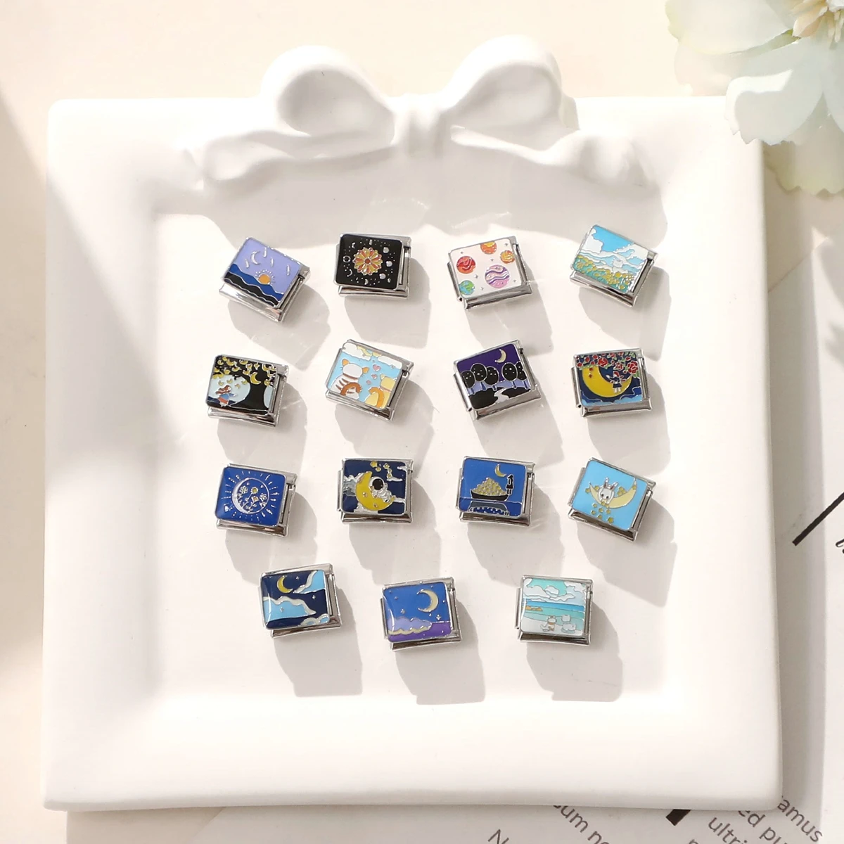 روابط سحر إيطالية على شكل قطة وأزهار وكوكب ونجوم القمر والسماء الزرقاء الليلية تناسب سوار من الفولاذ المقاوم للصدأ بعرض 9 ملم للرجال والنساء هدايا يدوية الصنع 2026 - 4