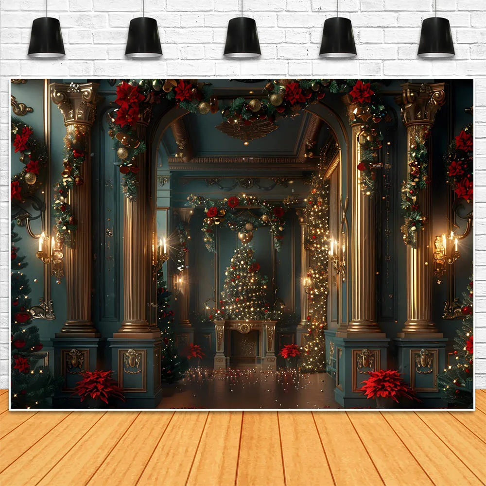 Mocsicka Christmas Background Church Vintage Wall Fireplace Xmas Tree Garland Featival Party Decor Backdrops Photo Studio Props