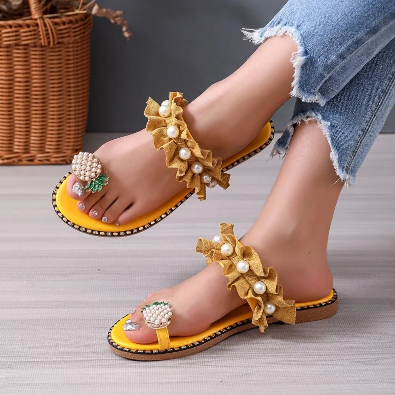 

2024 NEW Casual Fashion Designer Women's Slippers Pineapple Toe Pearl Flat Bottom Bohemian Casual Beach Sandals Women's Slippers