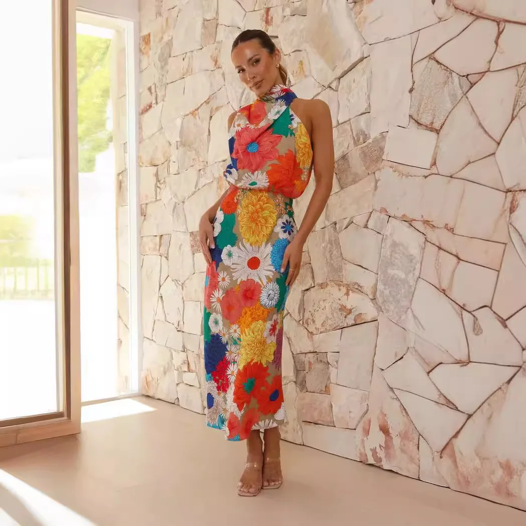 Robe d'été à grande fleur imprimée, col, taille, dos nu, design, style vacances, nouvelle mode, 117