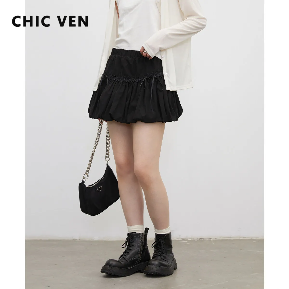 CHIC VEN Women Skirts Elasticity Waist Bow Lace Flower Bud Pleated Short Skirt with Lining Fashion Lady Half Skirt Autumn 2026