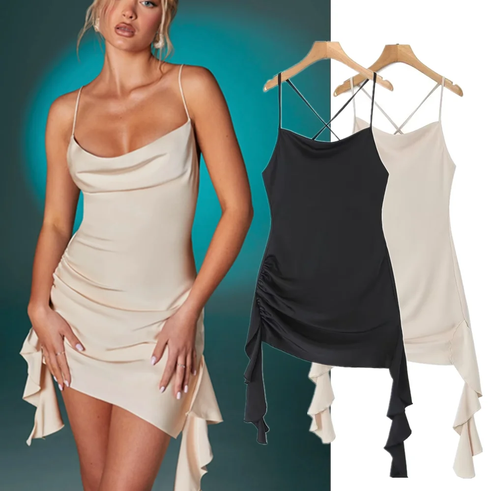 

Withered French Ladies Backless Sexy Satin Mini Party Dress Tube Top Fashion Suspender Dress Summer