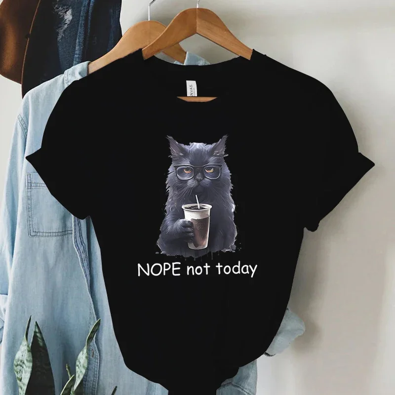 Cat Short Sleeve T-shirt Fashion Woman T-shirts Cat Drinking Graphic Tee Round Neck Summer Women's Clothing