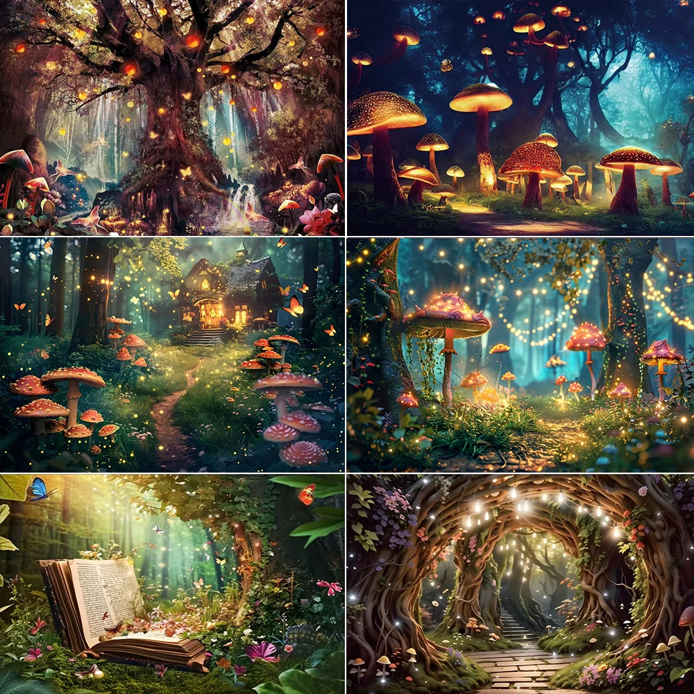 Fairyland Garden Glitter Tree Magic Jungle Forest Wonderland Mushroom House Baby Birthday Party Portrait Photography Background