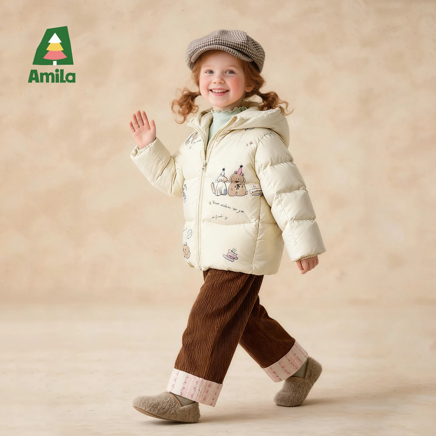 

Amila Kids Winter Girls' Hooded Down Jacket Regular Edition With Duck Down Fill Fun Printed Pattern Thickened Warm Winter Coat