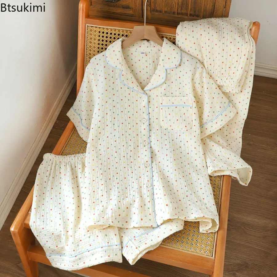 New Summer Pure Cotton Sleepwear Clothes for Women Three Piece Pyjama Set Rustic Style Polka Dot Short Sleeved Thin Home Clothes