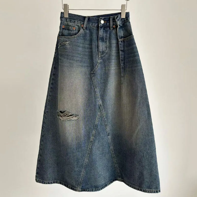 

Новая женская джинсовая юбка А-силуэта с высокой талией, асимметричная, с вырезами, утягивающая, весна-лето, в американском стиле, средней длины