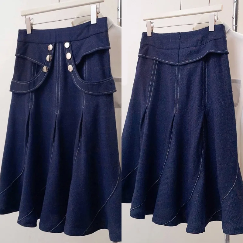 2025 المألوف عالية الخصر التخسيس ألف خط الدنيم تنورة للنساء الخريف جديد وصول مرونة الخصر فستان طويل الشعور