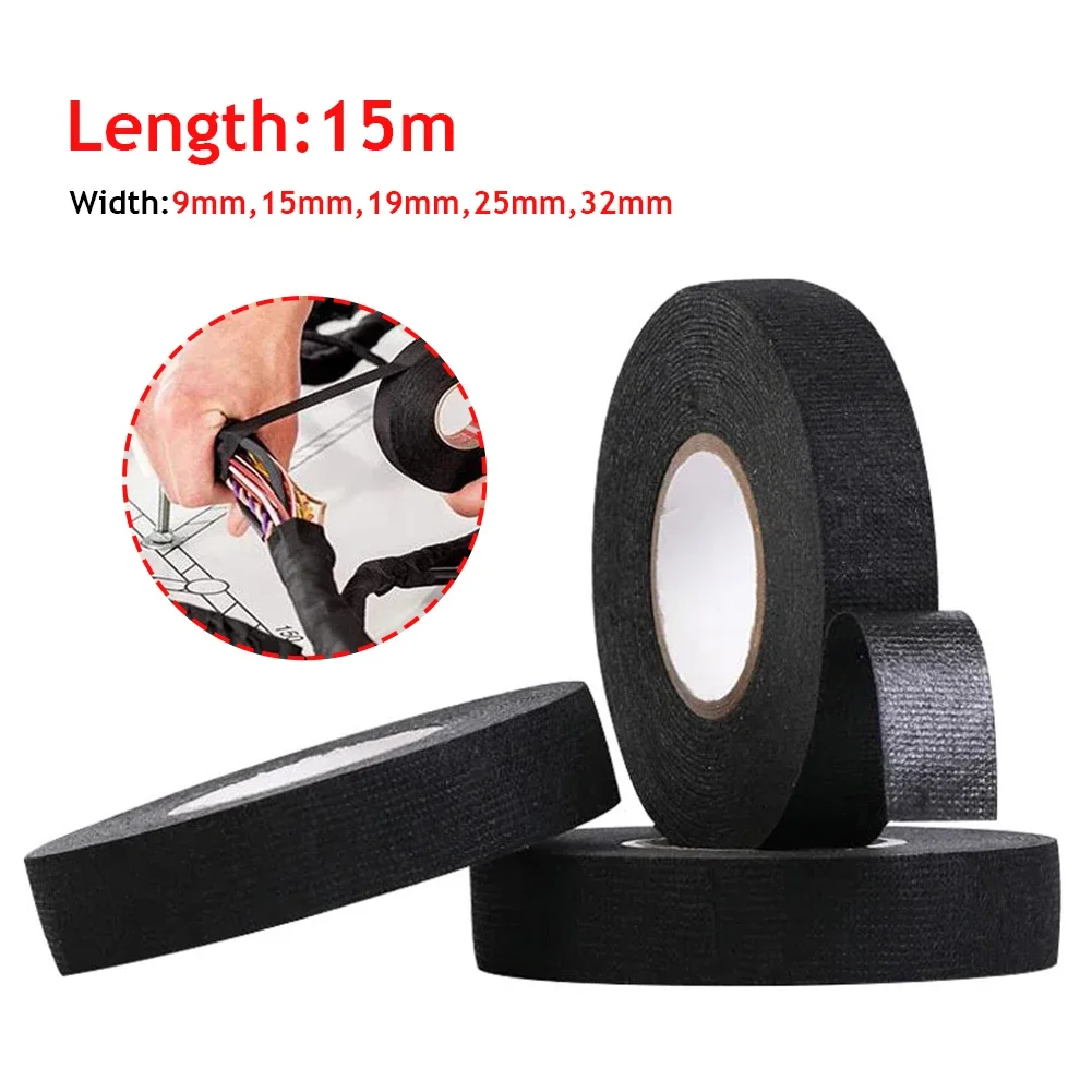 15M Electrical Car Harness Wiring Loom Tape Heat-resistant Adhesive Cloth PET Non-woven Tape For Cable Width 9/15/19/25/32MM