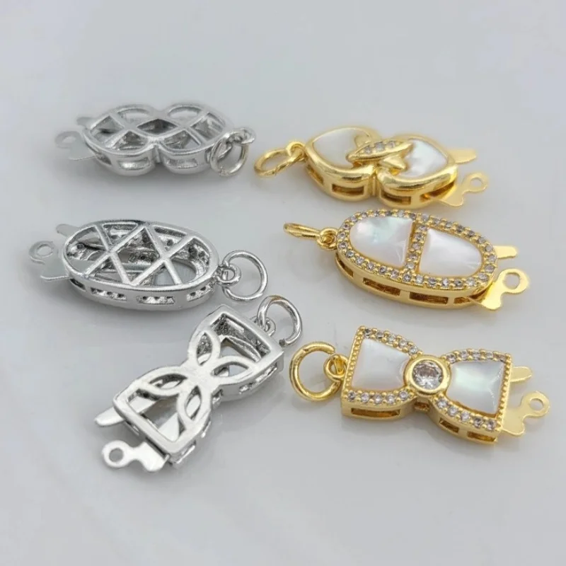 1 Piece of Gold-plated Copper Inlaid Zircon Shell Bow Tie Heart Single Row Clasp DIY Pearl Bracelet Necklace End Connector