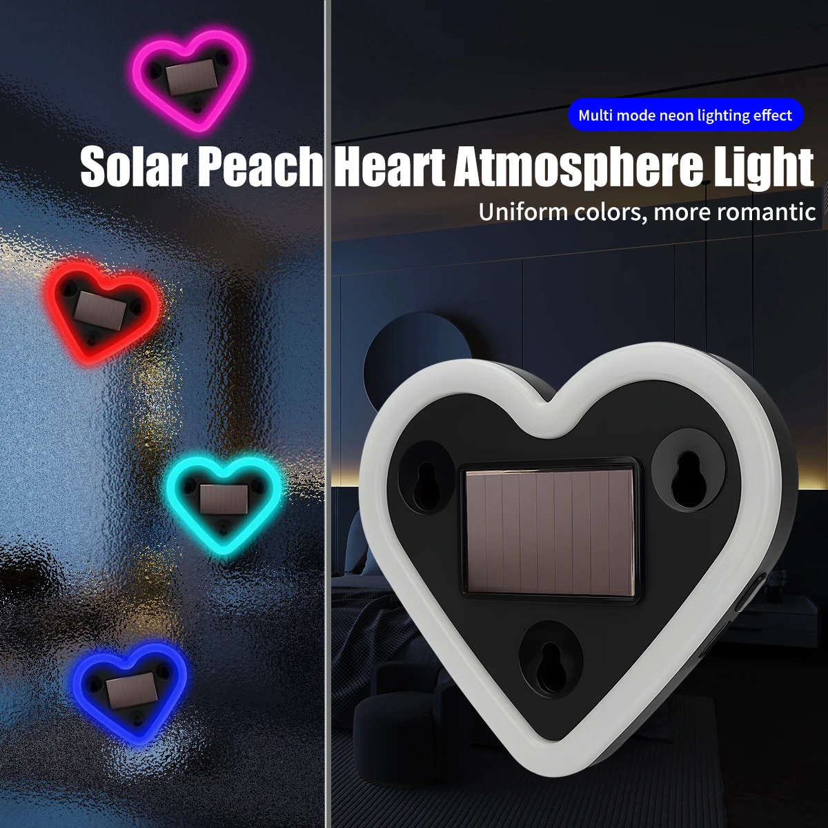 1/2x Car Triangle Window LED Solar Powered Heart-shaped Neon Light Rear Window Illuminated Interior Decoration Atmosphere Light