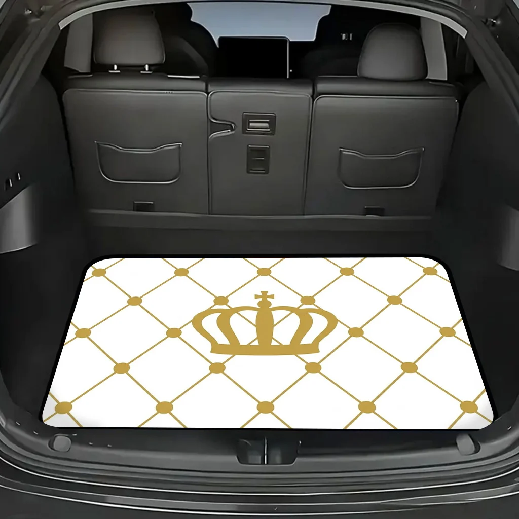 1pc Of A Golden Crown And Diamond Check Pattern Trunk Mat, Suitable For Sedans, Trucks, And Suvs, Automotive Additions, Durable