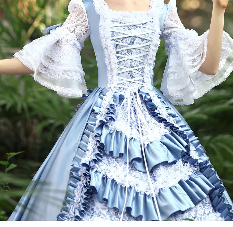 Luxury light blue lace ruffled Medieval dress Renaissance royal princess queen Victoria ball gown