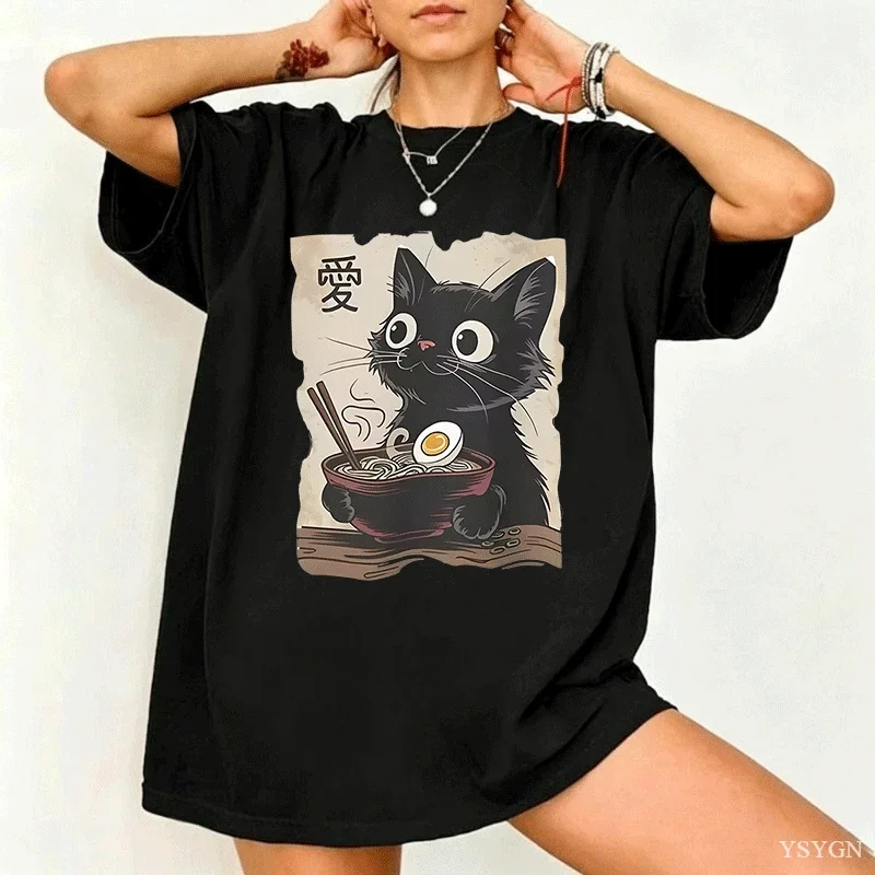 Funny Cat Ramen Graphic Tee Japanese Kawaii Anime Cat T-Shirt Cotton Short Sleeve Oversized Loose Short Sleeve Tee Streetwear