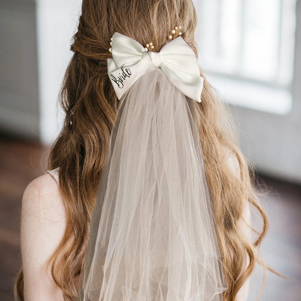 ? Women White Bridal Wedding Veils Bachelorette Party Accessories Hair Bow Amazon.com : SWEETV Bridal Hair Bow Veil White Bow Clip  main image 4