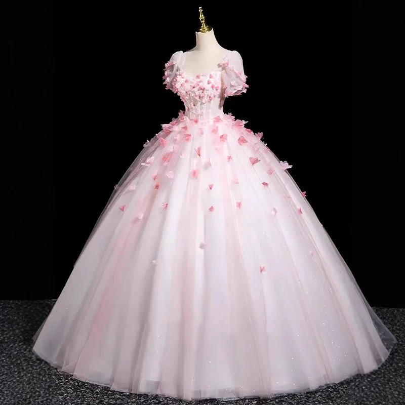 Luxuriöses und ätherisches rosa dreidimensionales Blütenblatt, elegantes Damen-Abendkleid, geschwollenes Prinzessinnenkleid, Vestido de Novia Cetim