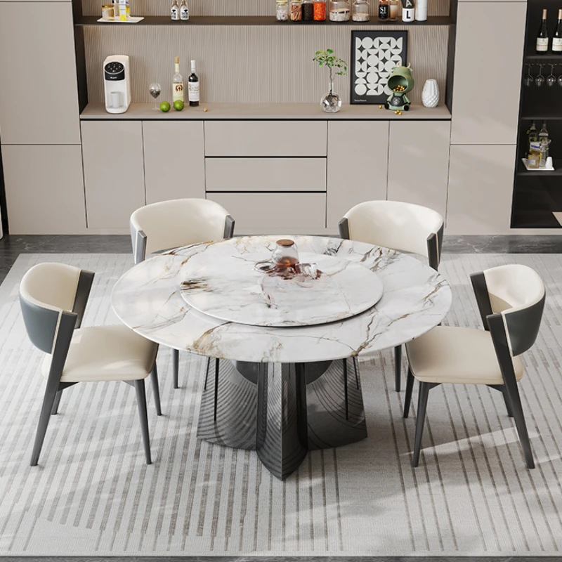 High-End Marble round Dining Table with Turntable Italian Minimalist Microlite round Table Home