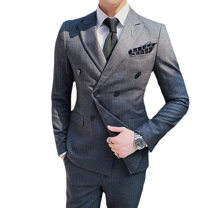 

S-7XL ( Blazer + Vest + Pants ) High-end Brand Striped Business Mens Double-breasted Suit Groom Banquet Performance Dress Stage