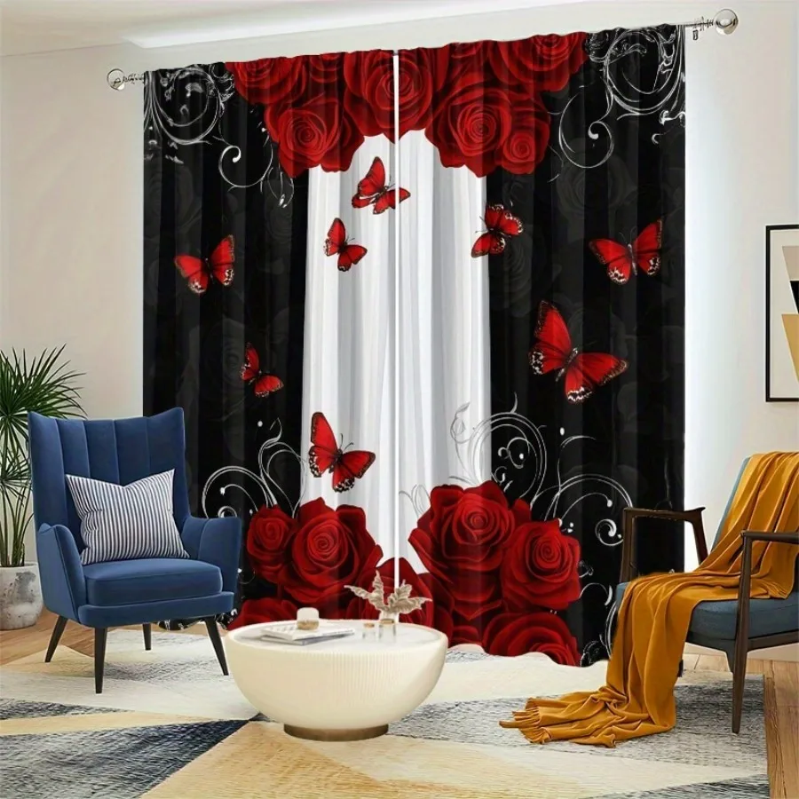2PCS Digital Print Curtains, Black Red Rose Butterfly Shadow, Gothic Dramatic Floral Decor Dark Romantic Mysterious Drapes