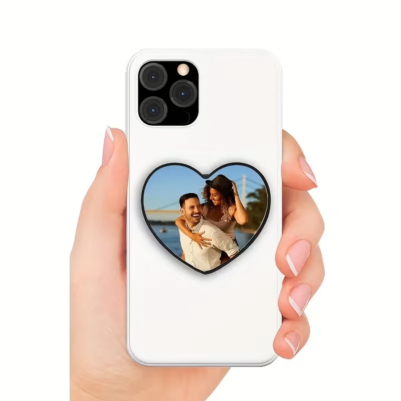 Personalised heart-shaped phone stand | Customisable with photos, text or logo - Adjustable sticky phone grip